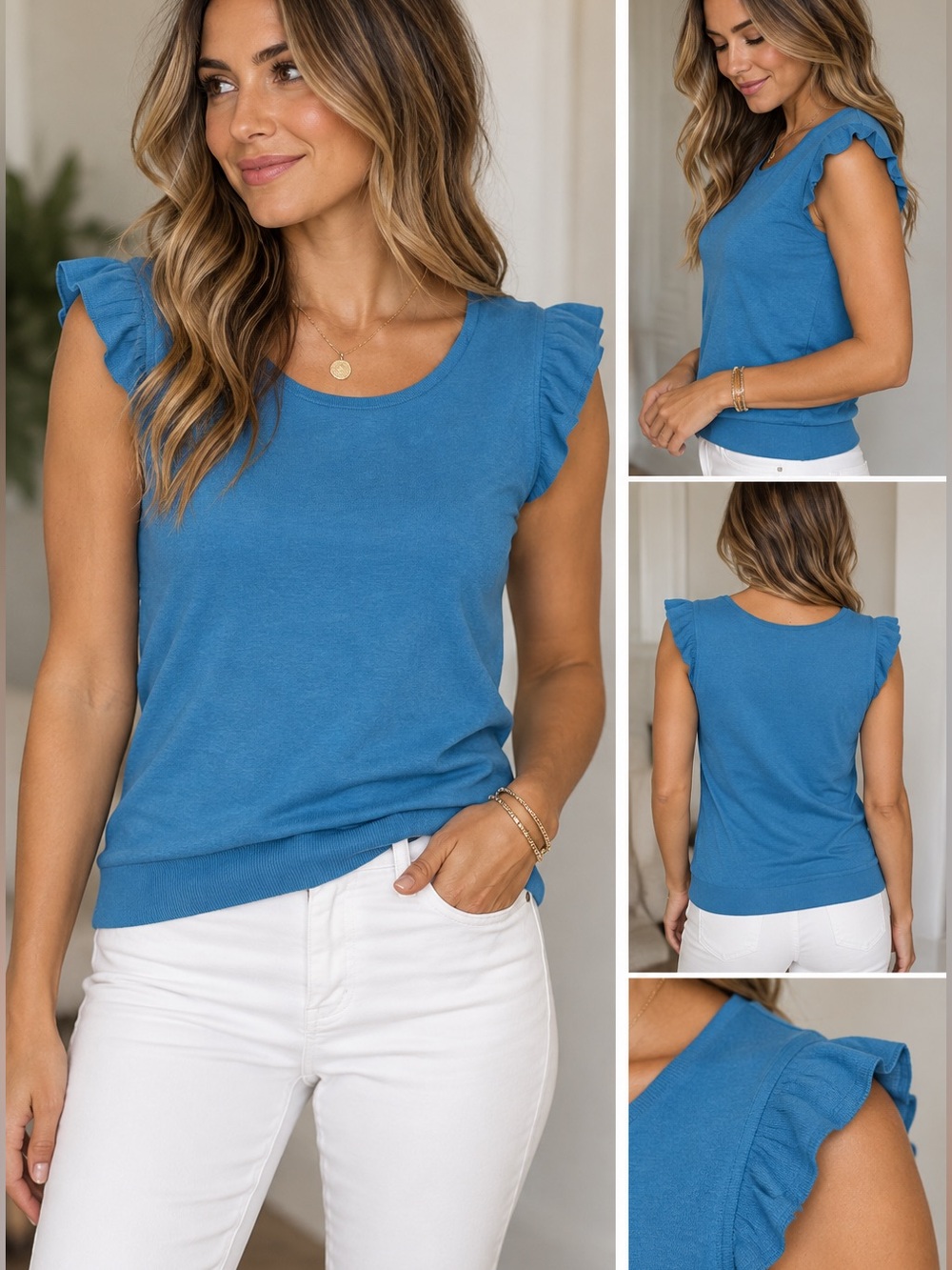 LOFT Outlet Blue Ruffle Cap-Sleeve Knit Top